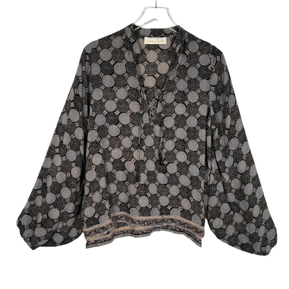 Natalie Martin Women's Long Bell Sleeve Blouse S Tassel V-Neck Tie Boho